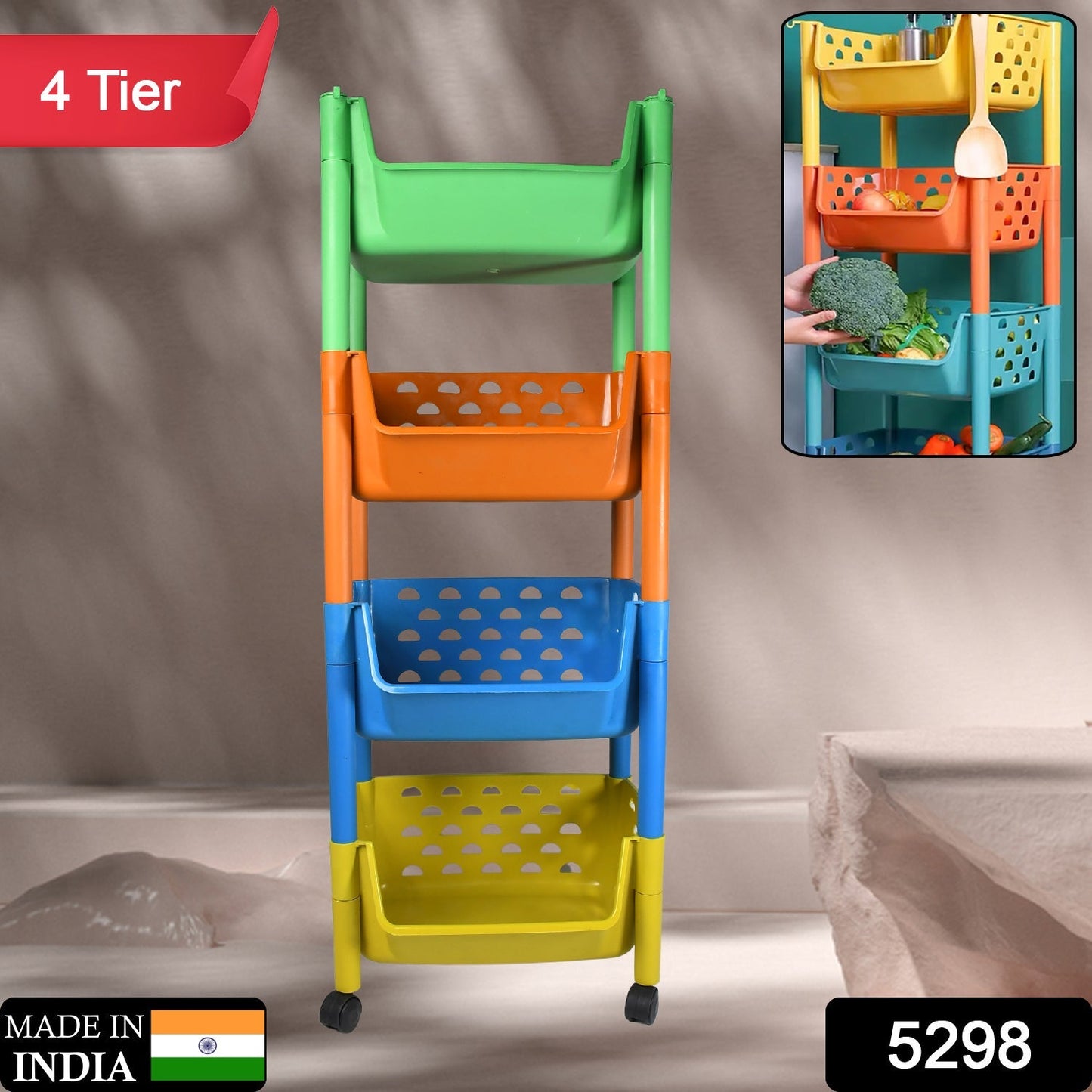 5298 4 Layers Fruit & Vegetable Basket Trolley Plastic for Home and Kitchen Fruit Basket Storage Rack Organizer Holders Kitchen Trolley