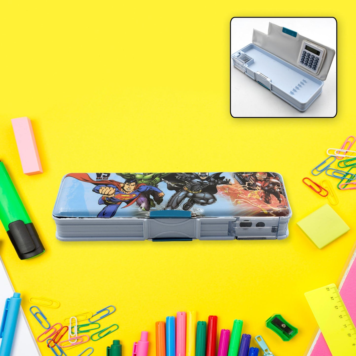 Double Sided Magnetic Geometry Box, Pencil Box with Calculator and Sharpener for Boys Art Plastic Pencil Box for Girls and Boys