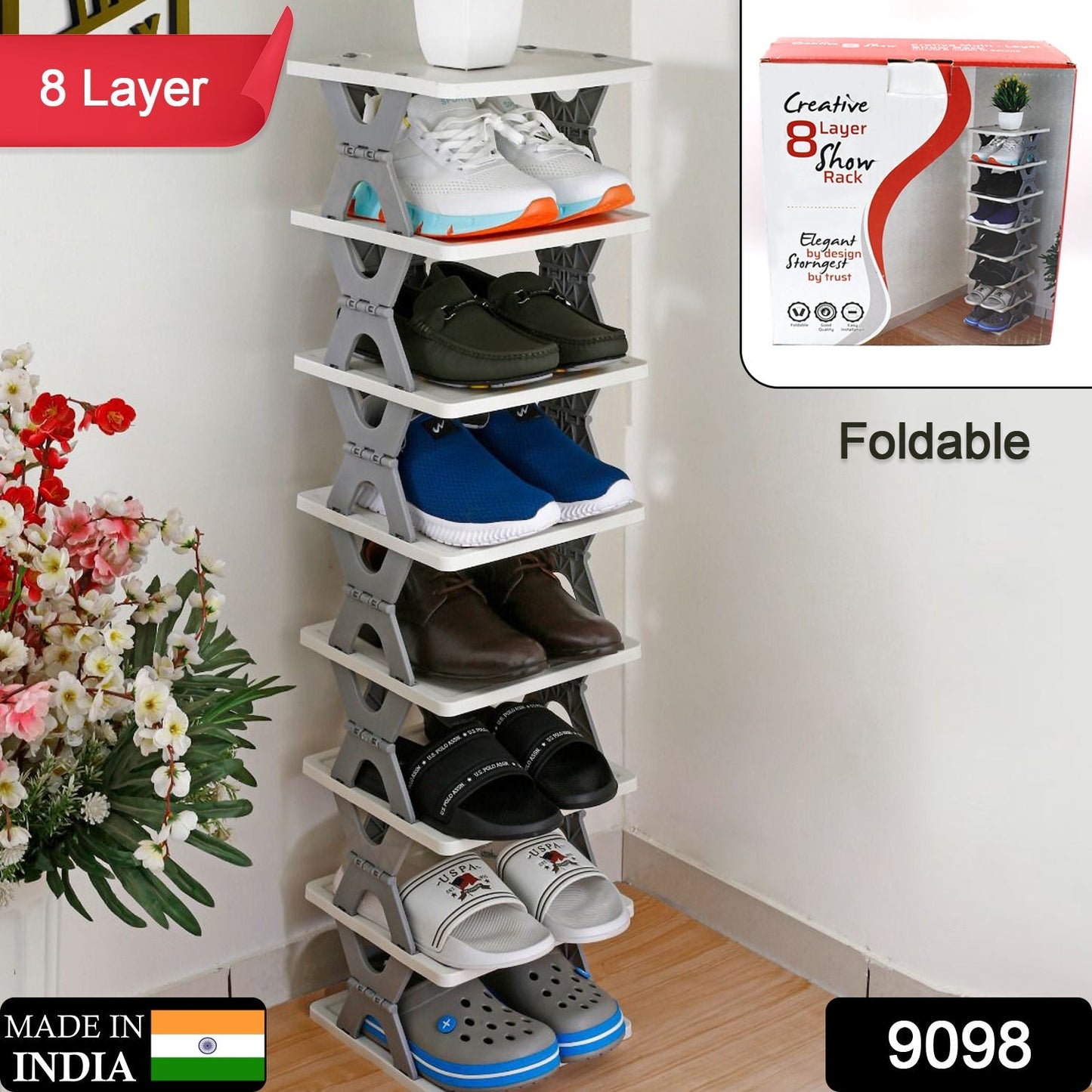 9098 SMART SHOE RACK WITH 8 LAYER SHOES STAND MULTIFUNCTIONAL ENTRYWAY FOLDABLE & COLLAPSIBLE DOOR SHOE RACK FREE STANDING HEAVY DUTY PLASTIC SHOE SHELF STORAGE ORGANIZER NARROW FOOTWEAR HOME