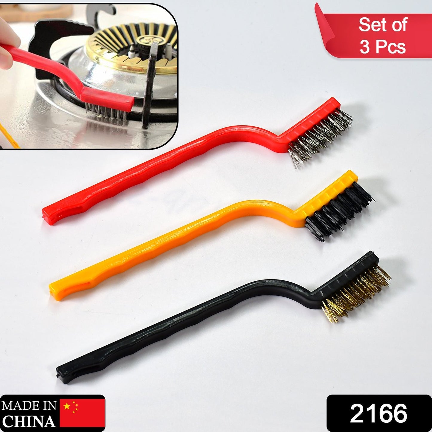 2166 3pc Mini Wire Brush Set Brass Nylon Stainless Steel Bristles Household Cleaning Brush for Gas Stove, Smoke Machine Tool Burner Tiles Tap Rust Removal Welding Slag Dirt & Paint Scrubbing.