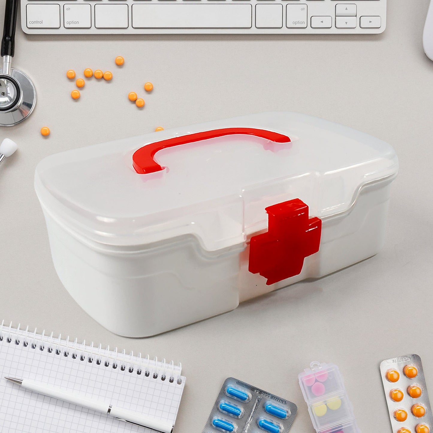 3 Compartment Medical Box, 1 Piece, Indoor Outdoor Medical Utility, Medicine Storage Box, Detachable Tray Medical Box Multi Purpose Regular Medicine, First Aid Box with Handle, Transparent Lid & Color Box