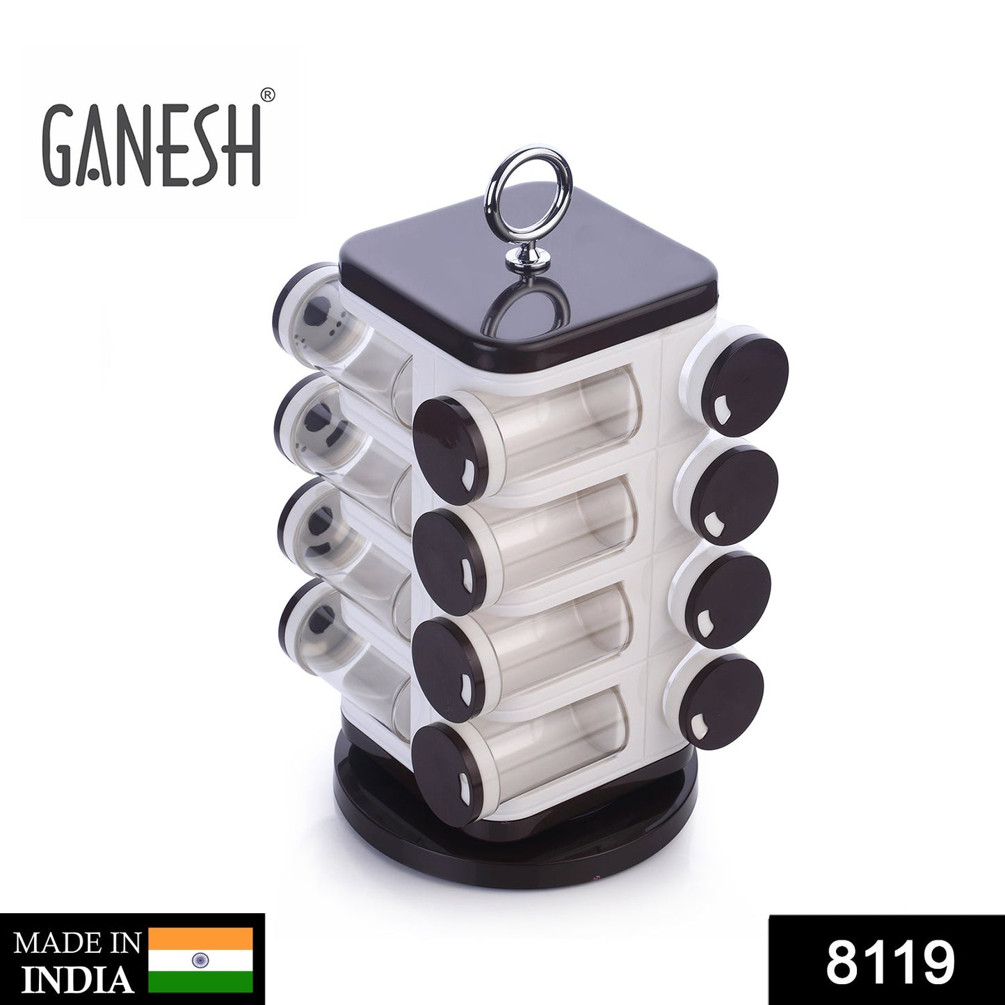 8119 Ganesh Multipurpose Revolving Spice Rack With 16 Pcs Dispenser each 100 ml Plastic Spice ABS Material 1 Piece Spice Set 1 Piece Spice Set (Plastic)