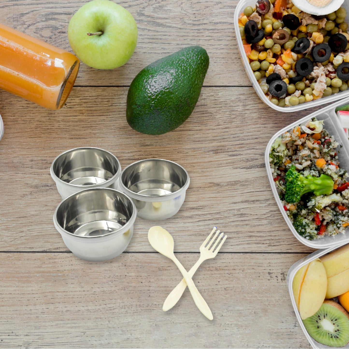 5773 6In1 Tiffin Box-Lunch Box | 3 Stainless Steel Containers | Plastic lid Box | Spoon & Fork /Plastic Bottle | Insulated Fabric Bag | Leak Proof | Microwave Safe for Office, College and School for Men, Women (6 pcs)