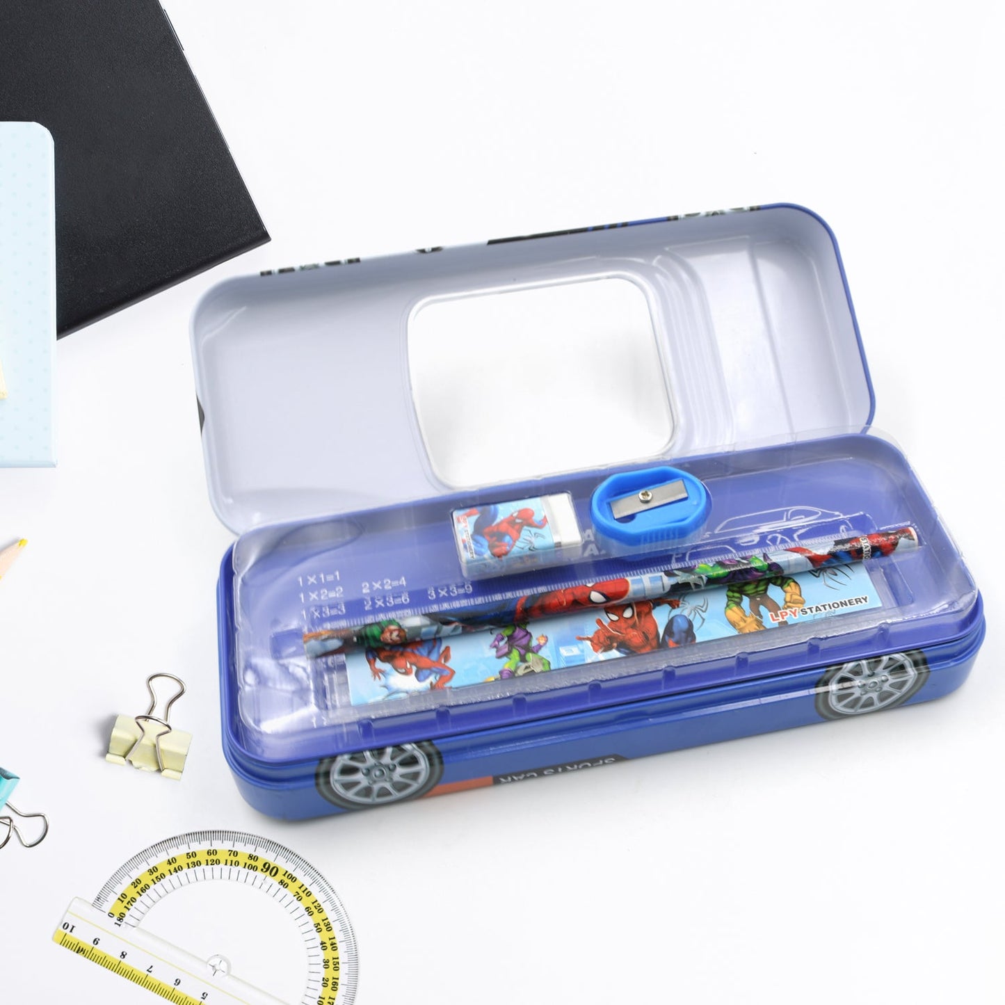 Car Shape Metal Compass Box, Pencil Case With Sharpner, Eraser, Pencil & Scale for Kids Stationery Compass Box, Stationery Gift for School Kids Compass, Pencil Box, Birthday Return Gift for Kids (5Pc Set)