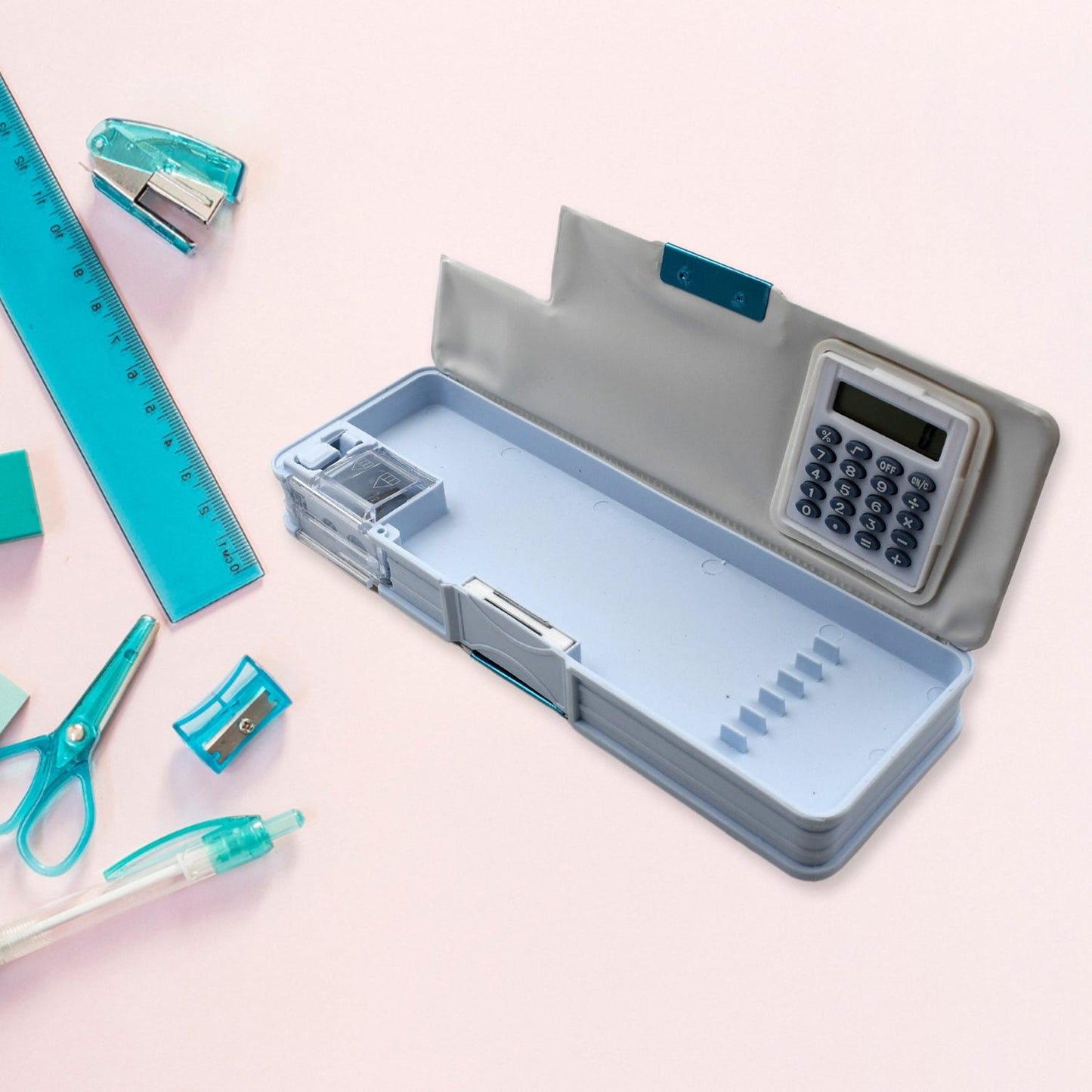 Double Sided Magnetic Geometry Box, Pencil Box with Calculator and Sharpener for Boys Art Plastic Pencil Box for Girls and Boys