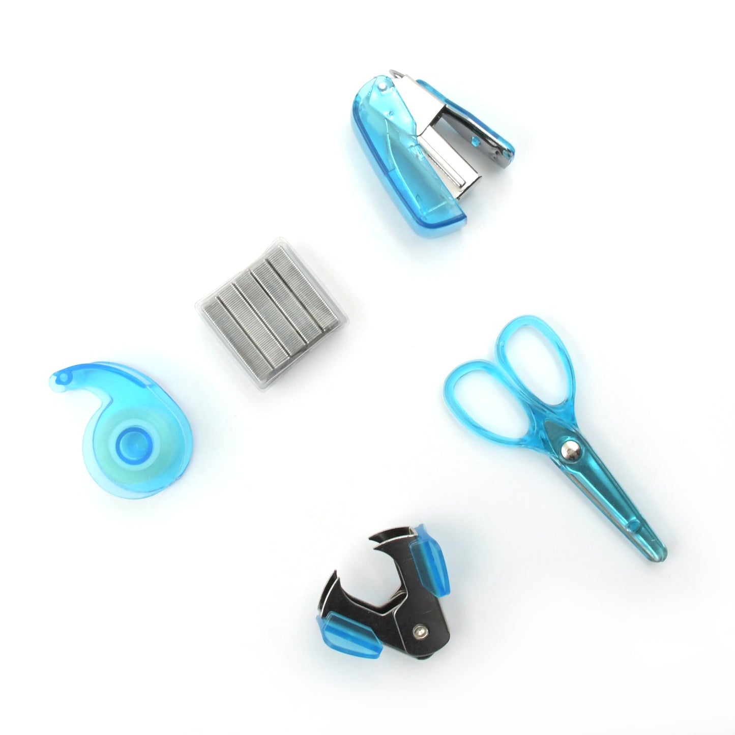 Mini Office Stationery Set - Stapler, Scissors, Paper Clips, Tape Dispenser, Transparent Tape, And Staples