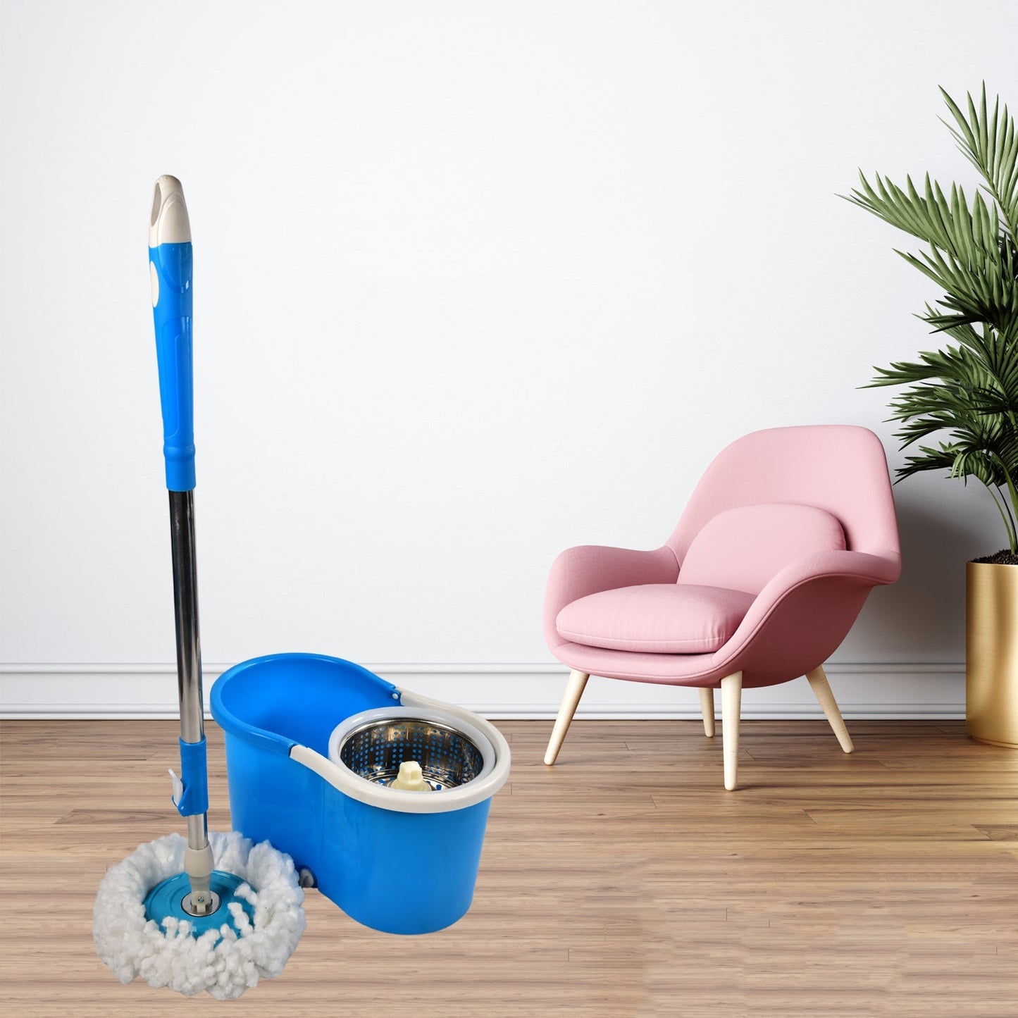 0837 Spin Floor Cleaning Easy Advance Tech Bucket Mop and Rotating Steel Pole Head with 2 Microfiber Refill Heads for Household Floor Cleaning (MOQ :- 25pc)