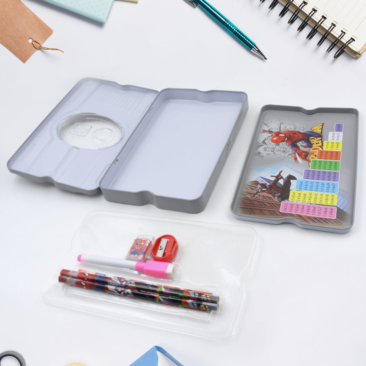 Big Cartoon Printed Metal Compass Box, Pencil Case With Sharpner, Eraser, Pencil, Marker & Scale for Kids Stationery Compass Box, Stationery Gift for School Kids Compass, Pencil Box, Birthday Return Gift for Kids (6 Pc Set)