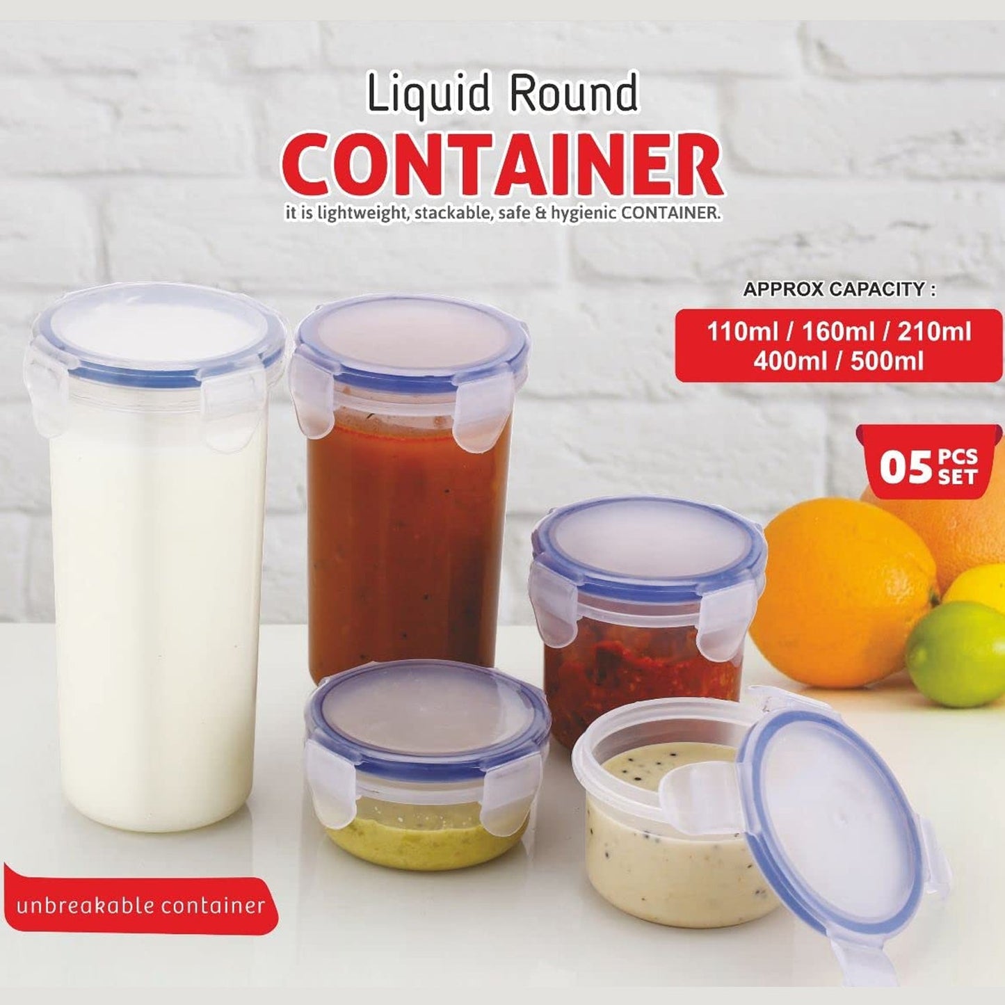 5830 Plastic Liquid Round Airtight Food Storage Container with Leak Proof Locking Lid BPA Free Container for Kitchen, 5 Pcs Set Transparent, ( Approx Capacity 110 ml,160 ml,210 ml,400 ml,500 ml)