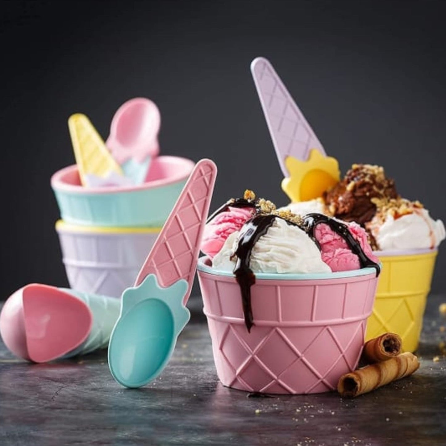 5321 ICE CREAM BOWL & Spoon Set PLASTIC SOLID COLOUR CREAM CUP COUPLE BOWL WITH SPOON. ICE CREAM SPOON & BOWL SET, 12 PC SET OF ICE CREAM BOWL & SPOON (MULTI COLOR)