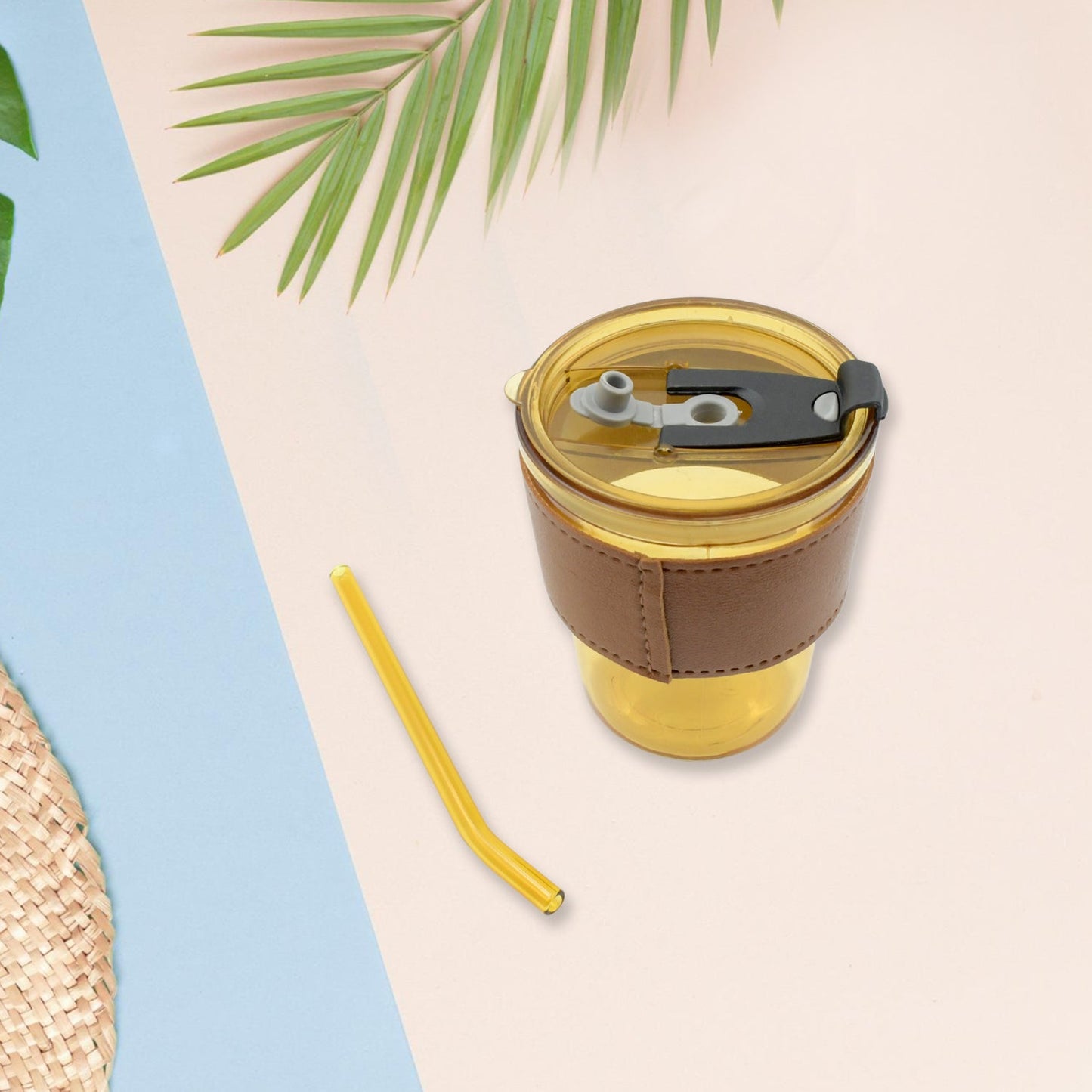 5887 Home Glass Coffee Mug/Tea Cup with Glass Straw and Leakproof Lid Travel Friendly Cups with Heatproof Sleeves