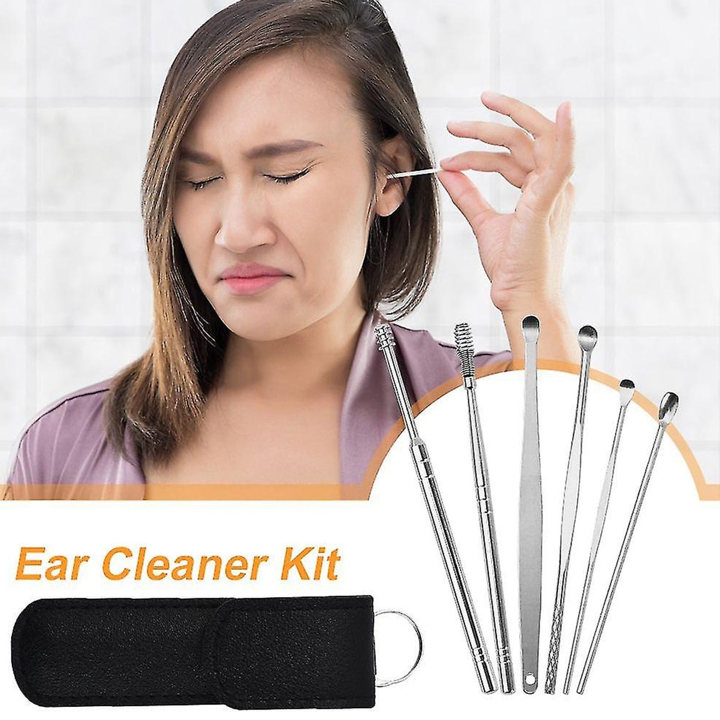 6317 6-in-1 Ear Wax Cleaner- Resuable Ear Cleaning Tools Leather Pouch - Ear Pick Wax Remover Tool Kit with Ear Curette Cleaner and Spring Ear Buds Cleaner Fit in Pocket Great for Traveling