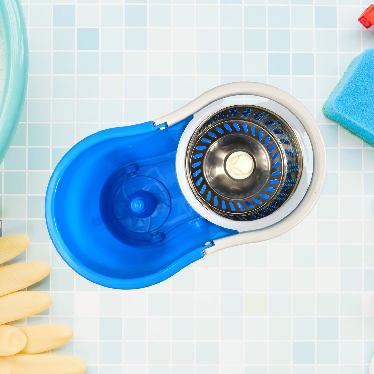 0837 Spin Floor Cleaning Easy Advance Tech Bucket Mop and Rotating Steel Pole Head with 2 Microfiber Refill Heads for Household Floor Cleaning (MOQ :- 25pc)