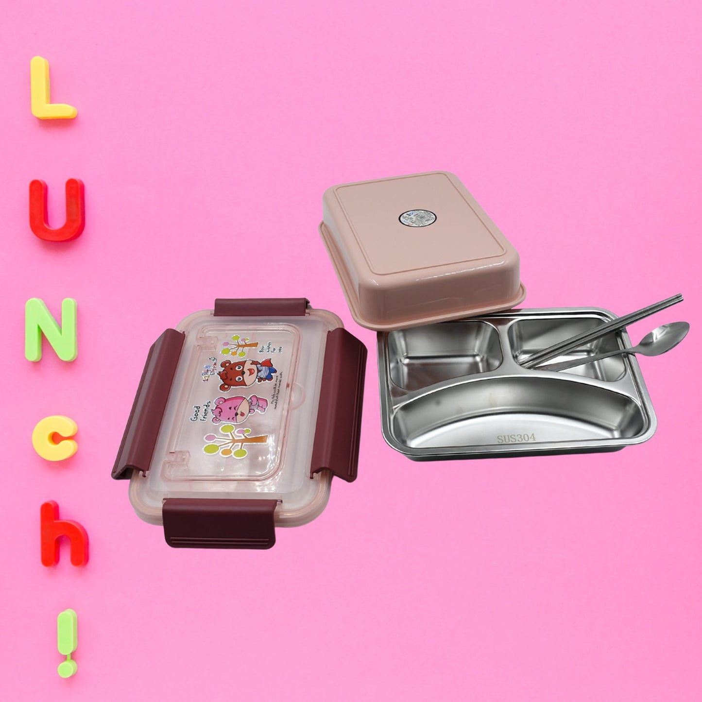 Food‑Safe Materials Kids Lunch Box With steel Spoon & chopsticks Compartment is Designed Made of 304 Stainless Steel Easy to Clean for School for Camping for Work for Home, Office