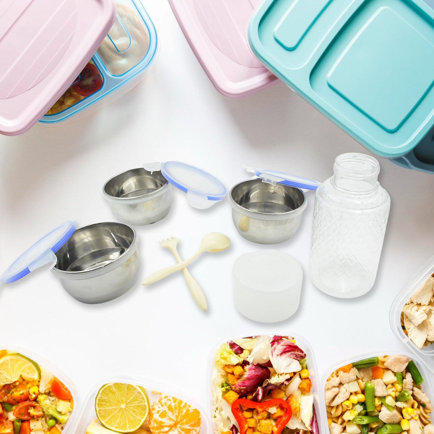 5773 6In1 Tiffin Box-Lunch Box | 3 Stainless Steel Containers | Plastic lid Box | Spoon & Fork /Plastic Bottle | Insulated Fabric Bag | Leak Proof | Microwave Safe for Office, College and School for Men, Women (6 pcs)