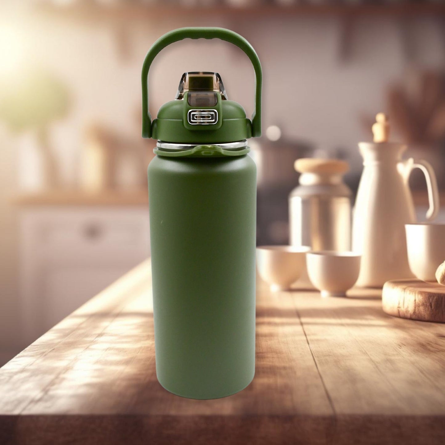 Stainless Steel Water Bottle with Straw, Strap & Handle Vacuum Insulated Thermos Flask Double-Walled Coffee Thermos Flask Leak-proof Water Bottle for Sports, Fitness, Gym (1500ML)