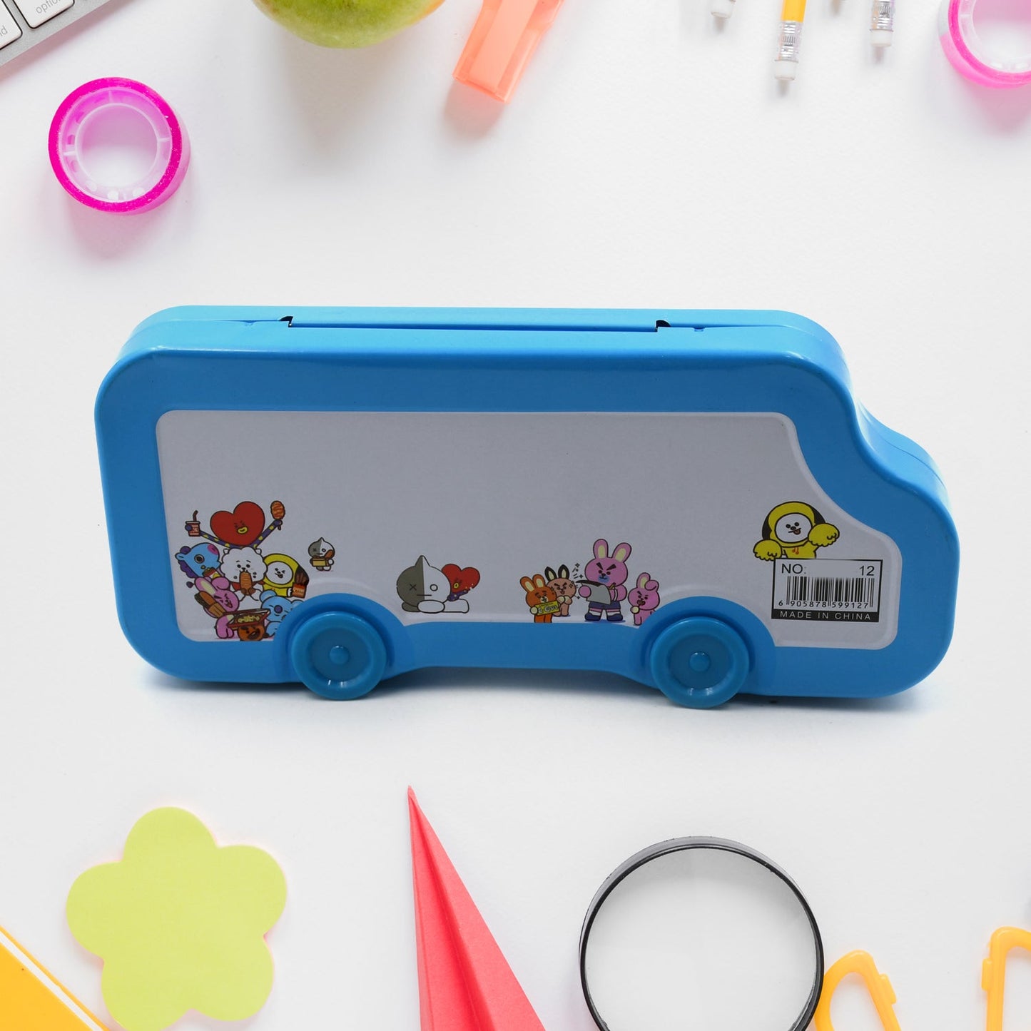 Bus Shape Compass Box for Boys, Kids School Accessories | Pencil Box with Wheels for Girls and Kids, String Operated Case Students School Supplies - Stationery Set Organizer Birthday Return Gift for Kids