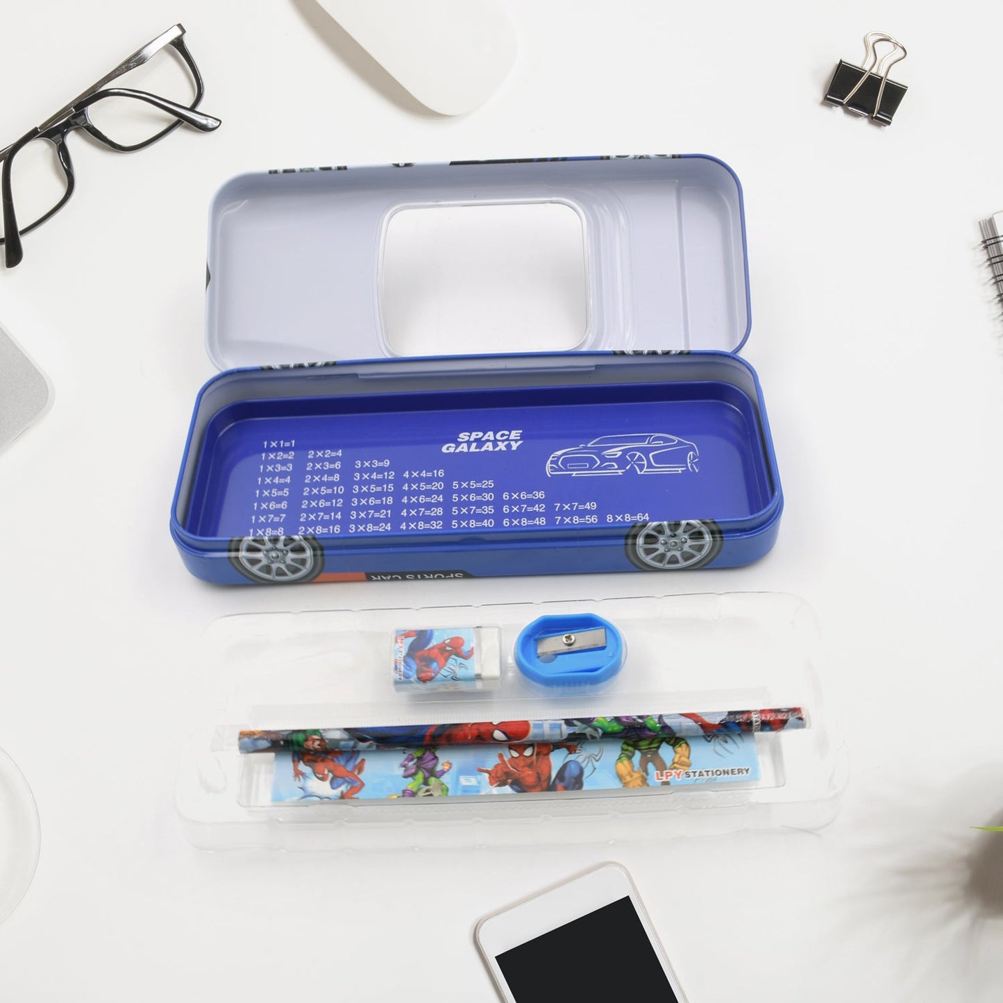 Car Shape Metal Compass Box, Pencil Case With Sharpner, Eraser, Pencil & Scale for Kids Stationery Compass Box, Stationery Gift for School Kids Compass, Pencil Box, Birthday Return Gift for Kids (5Pc Set)