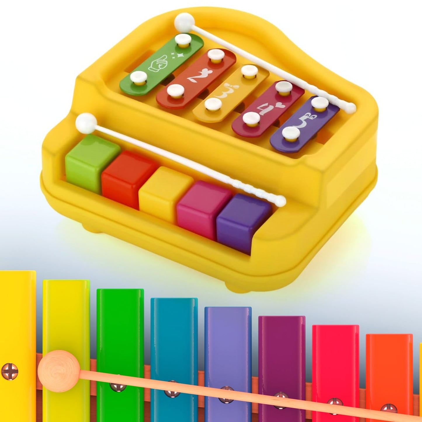 2 in 1 Baby Piano Xylophone Toy for Toddlers, 5 Multicolored Key Keyboard Xylophone Piano, Preschool Educational Musical Learning Instruments Toy for Baby Kids Girls Boys 3+ Years (1 Pc)