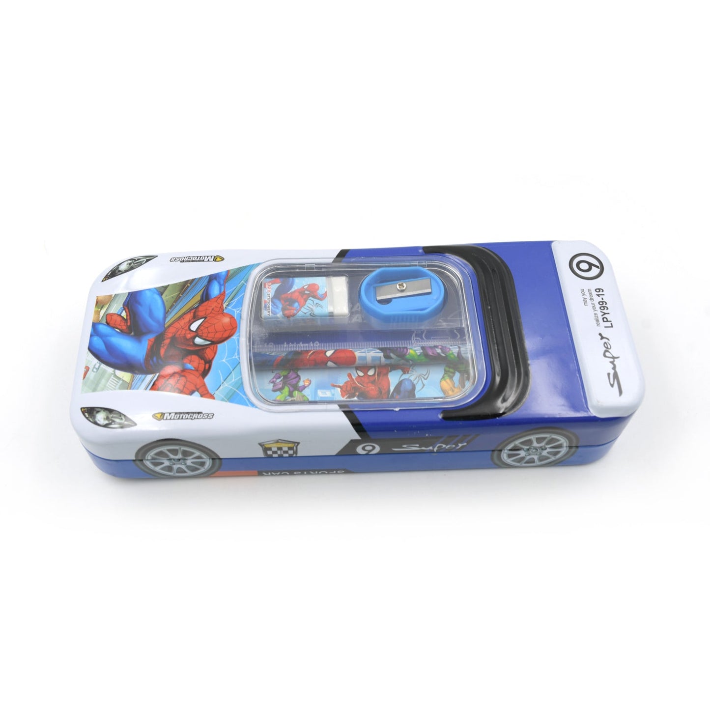 Car Shape Metal Compass Box, Pencil Case With Sharpner, Eraser, Pencil & Scale for Kids Stationery Compass Box, Stationery Gift for School Kids Compass, Pencil Box, Birthday Return Gift for Kids (5Pc Set)