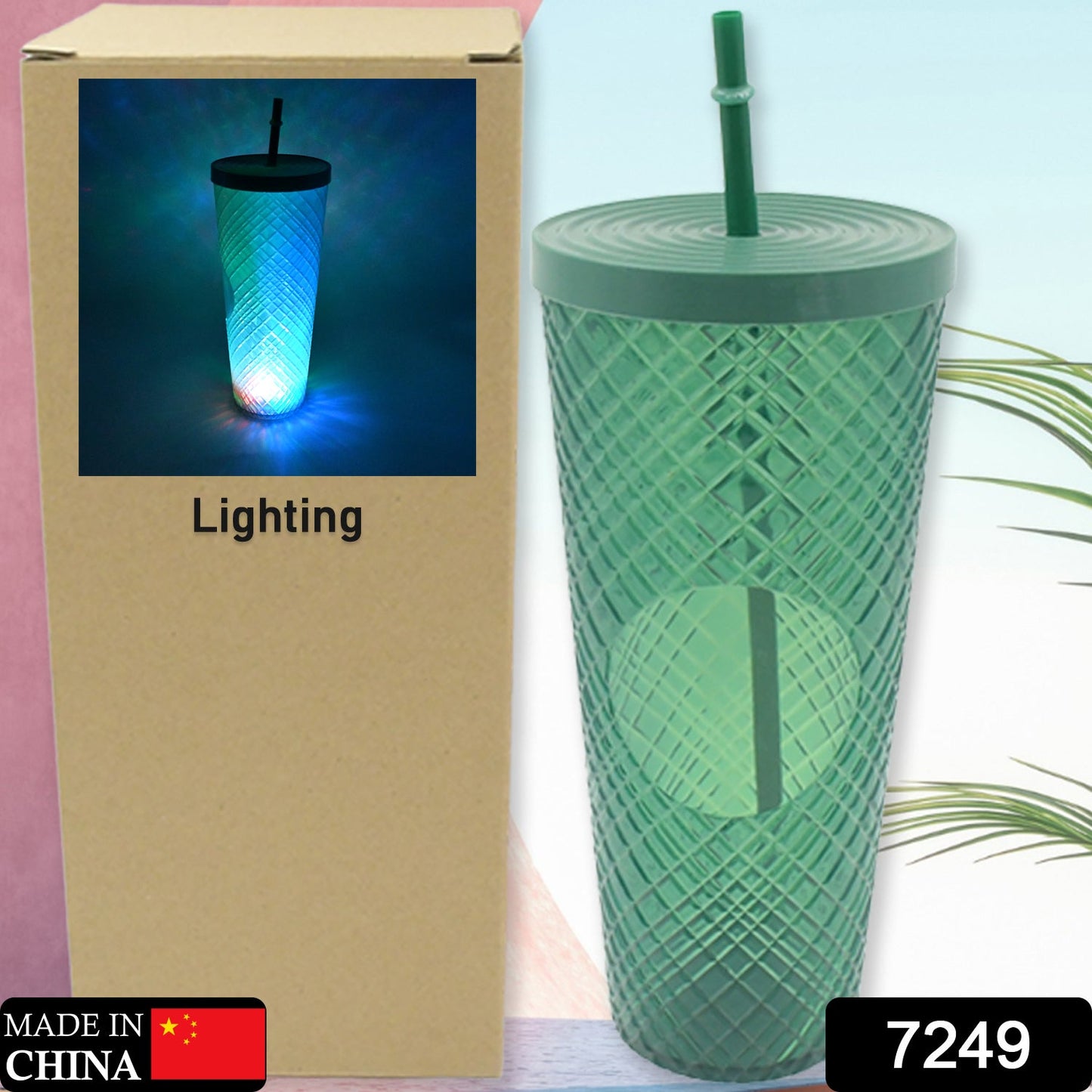 Cup with Straw & LED Lighting Reusable Matte Studded Tumbler with Leak Proof Lid Water Cup Travel Mug Coffee Ice Water Bottle Double Walled Insulated Tumbler BPA Free (1 Pc)