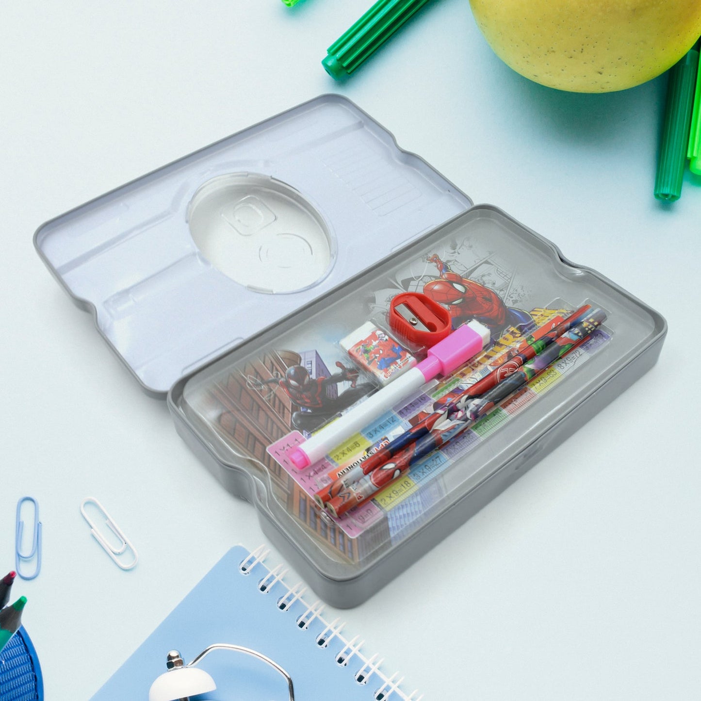 Big Cartoon Printed Metal Compass Box, Pencil Case With Sharpner, Eraser, Pencil, Marker & Scale for Kids Stationery Compass Box, Stationery Gift for School Kids Compass, Pencil Box, Birthday Return Gift for Kids (6 Pc Set)