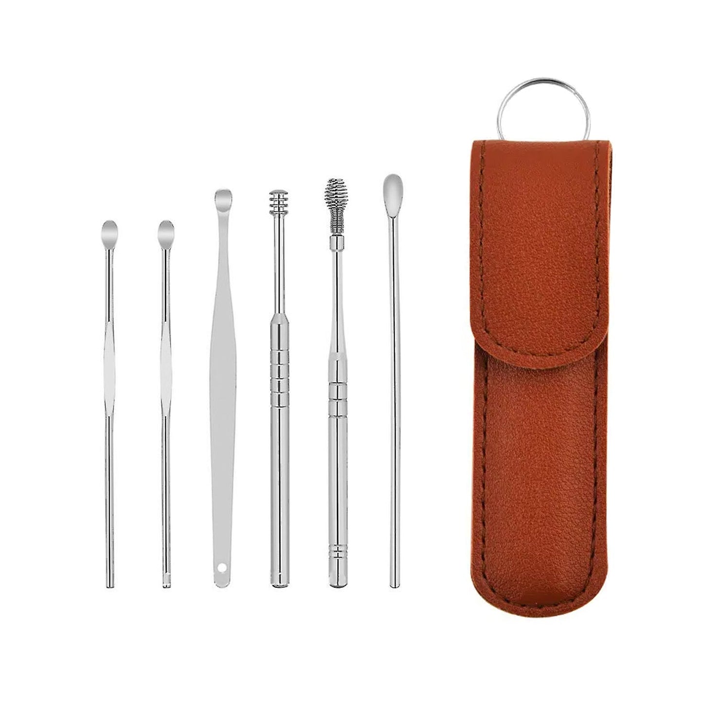6317 6-in-1 Ear Wax Cleaner- Resuable Ear Cleaning Tools Leather Pouch - Ear Pick Wax Remover Tool Kit with Ear Curette Cleaner and Spring Ear Buds Cleaner Fit in Pocket Great for Traveling