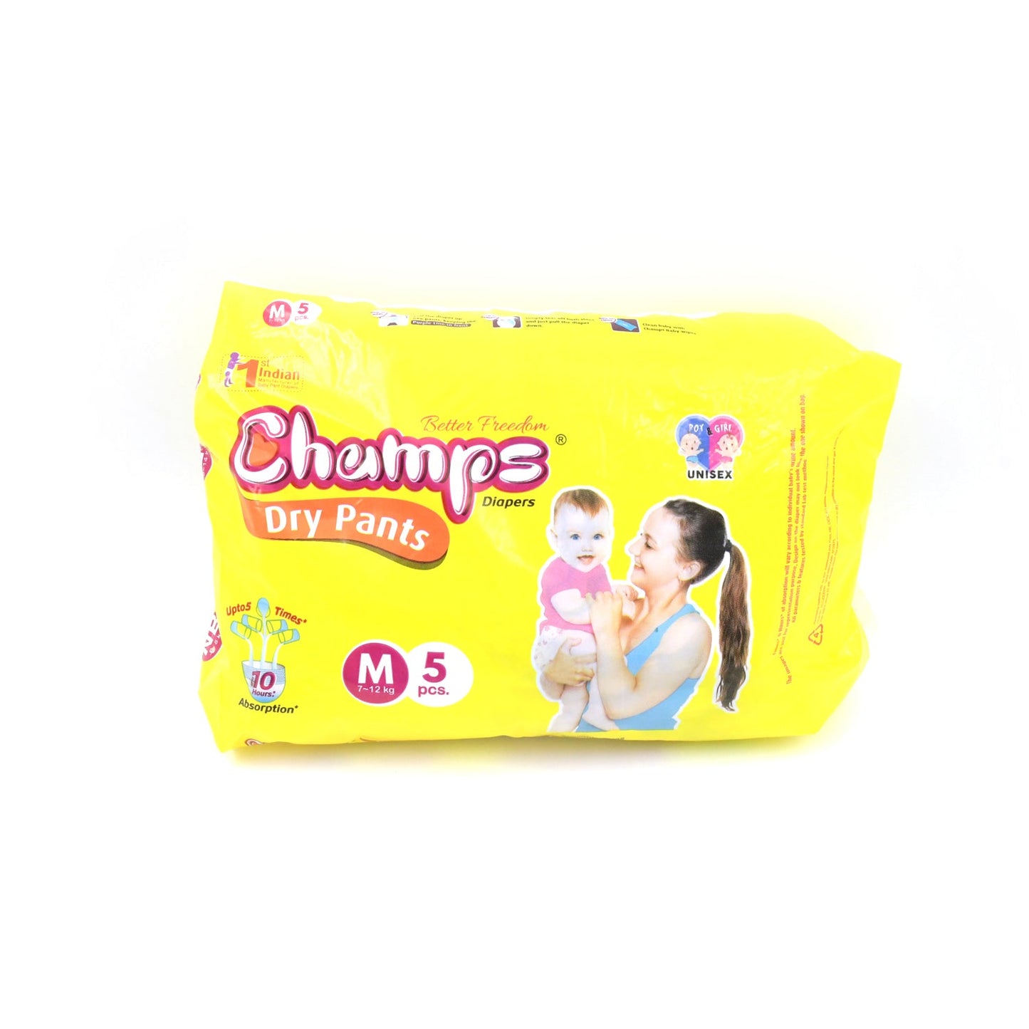 0973 Medium Champs Dry Pants Style Diaper - Medium (5 pcs) Best for Travel Absorption, Champs Baby Diapers, Champs Soft and Dry Baby Diaper Pants (M, 5 Pcs )
