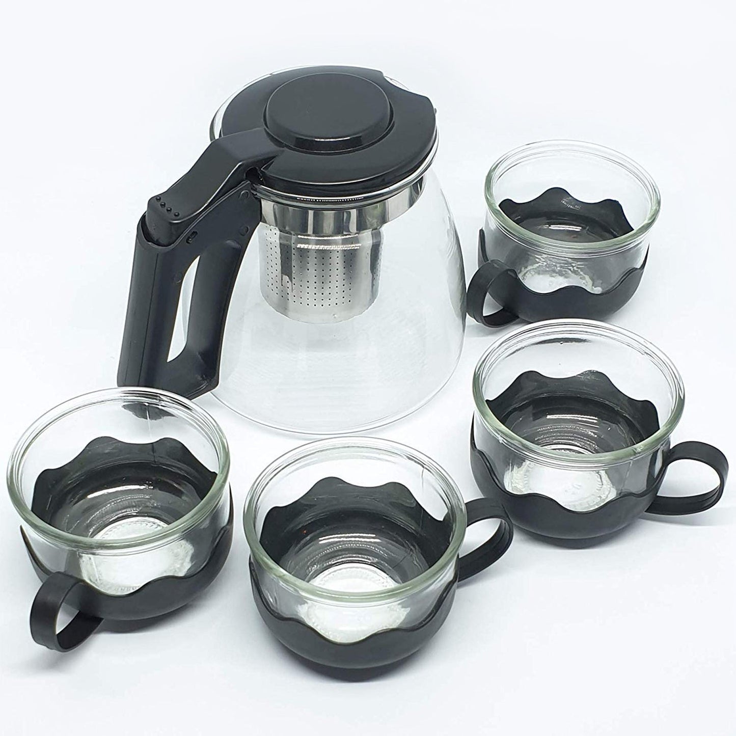 Flame Proof Glass Kettle & Cup Set With Strainer High Quality Kettle Set For Home & Café Use (4 Cup & 1 Kettle) (24 Pc MOQ)
