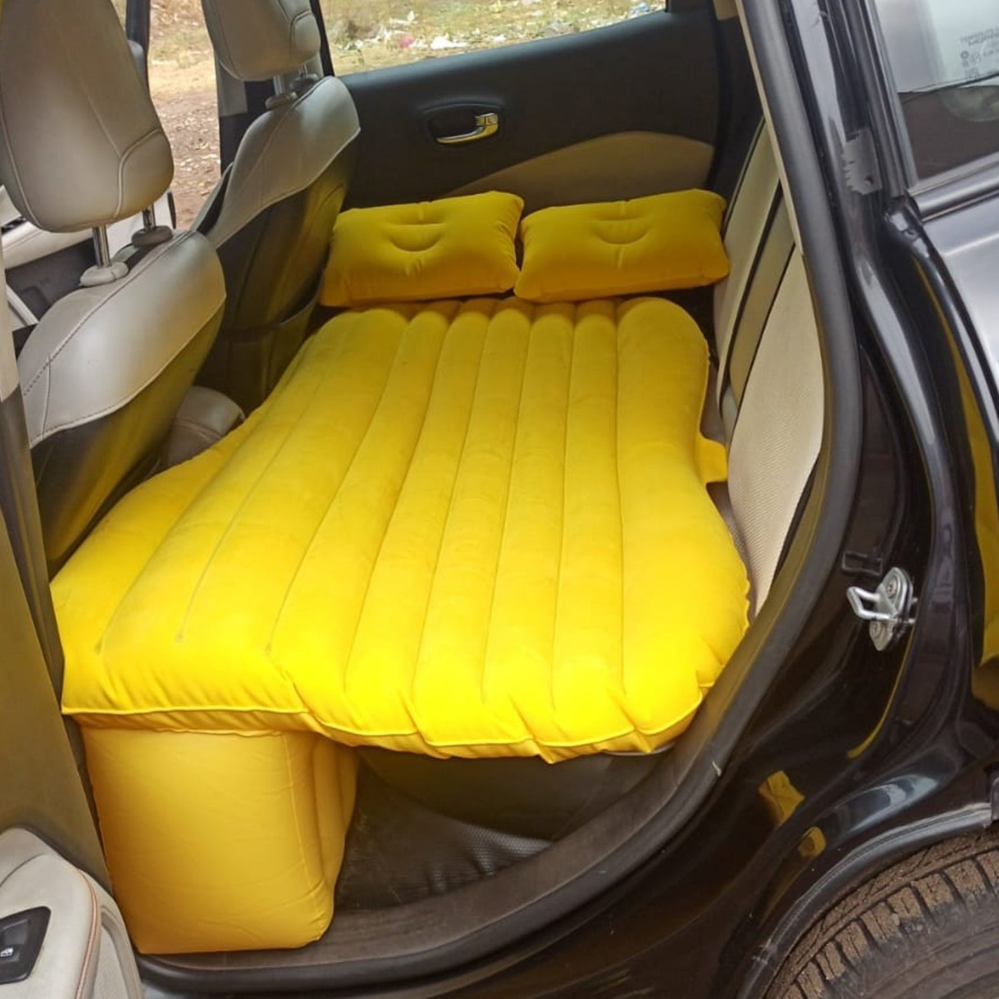 8043 Car Inflatable Bed with 2 Pillows & Air Pump (Portable) For Travel, Camping, Vacation | Polyester Inflatable Travel Car Bed Air Sofa with Two Inflatable Pillow and Air Pump for Car Back Seat, Air Pump Random Colour
