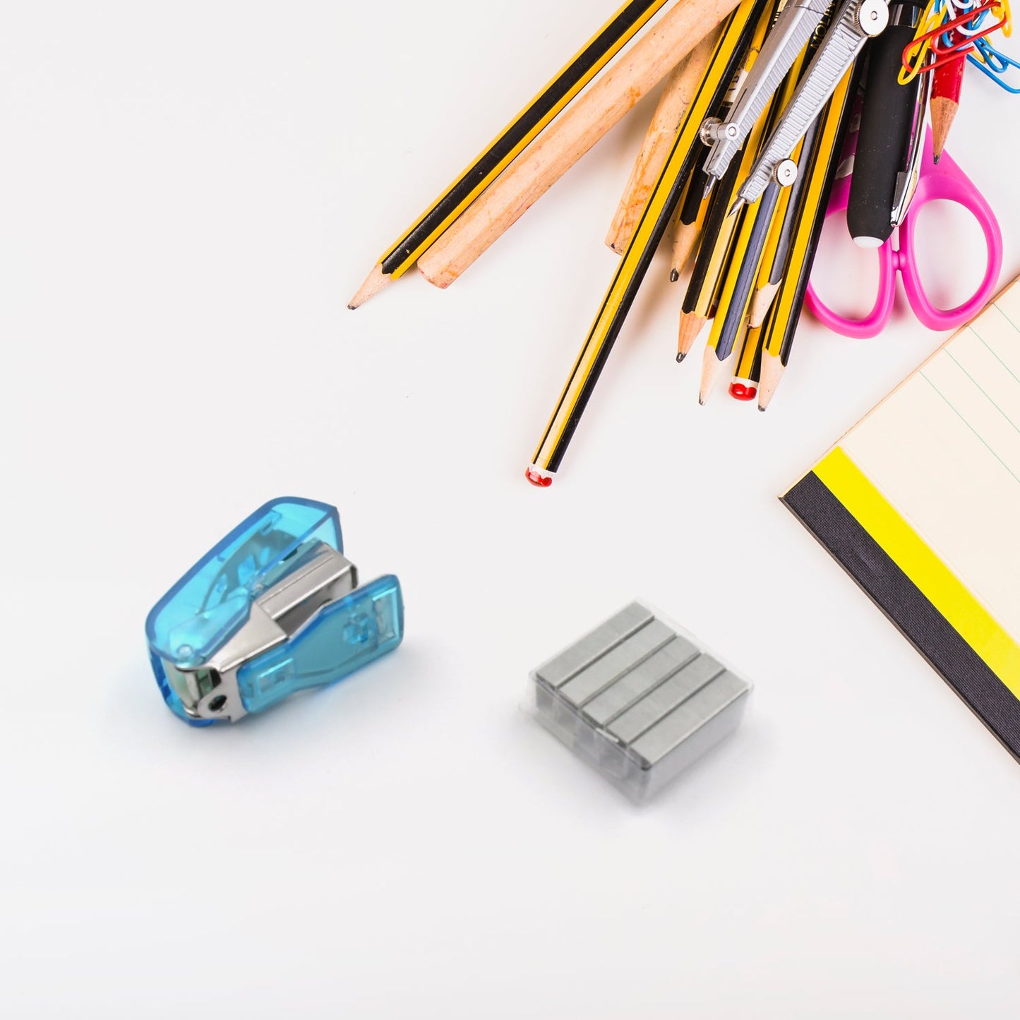 Mini Office Stationery Set - Stapler, Scissors, Paper Clips, Tape Dispenser, Transparent Tape, And Staples