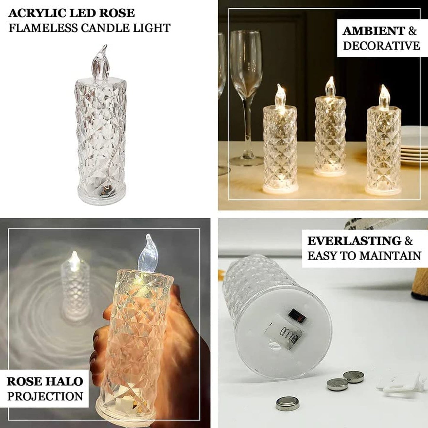 Rose Candles LED Flameless and Smokeless Decorative Acrylic Transparent Candles Led Tea Light Candle Perfect for Gifting, Home, Diwali, Christmas, Crystal Candle Lights (1 Pc) (MOQ :- 12 pc )
