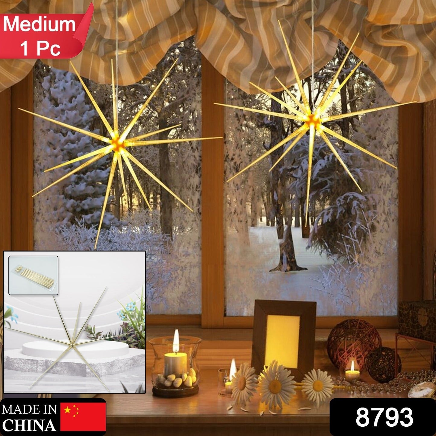 3D Gold Star Hanging Decoration Star, Acrylic Look Hanging Luminous Star for Windows, Home, Garden Festive Embellishments for Holiday Parties Weddings Birthday Home Decoration ( Big / Medium, Small )