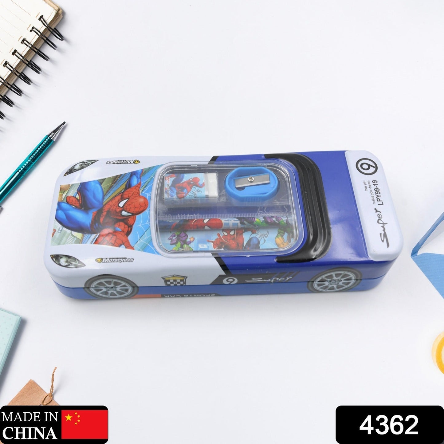 Car Shape Metal Compass Box, Pencil Case With Sharpner, Eraser, Pencil & Scale for Kids Stationery Compass Box, Stationery Gift for School Kids Compass, Pencil Box, Birthday Return Gift for Kids (5Pc Set)