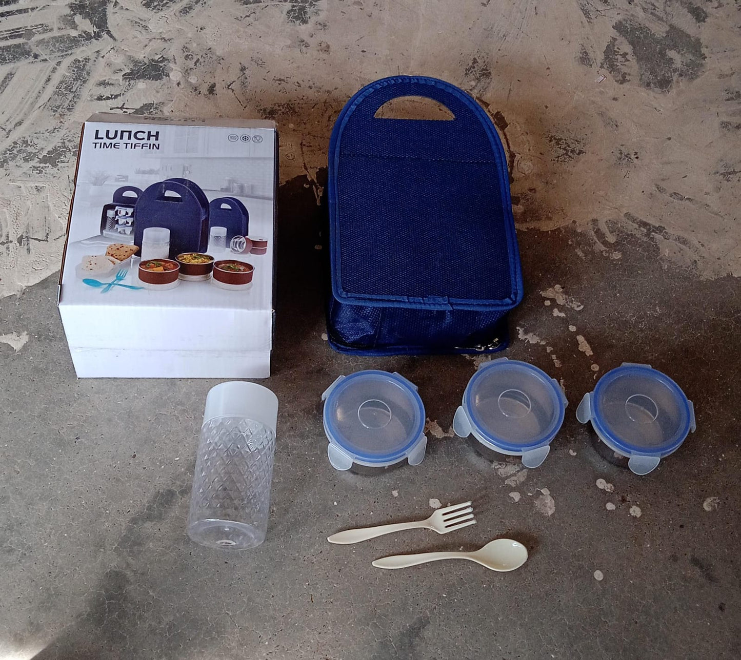 5773 6In1 Tiffin Box-Lunch Box | 3 Stainless Steel Containers | Plastic lid Box | Spoon & Fork /Plastic Bottle | Insulated Fabric Bag | Leak Proof | Microwave Safe for Office, College and School for Men, Women (6 pcs)