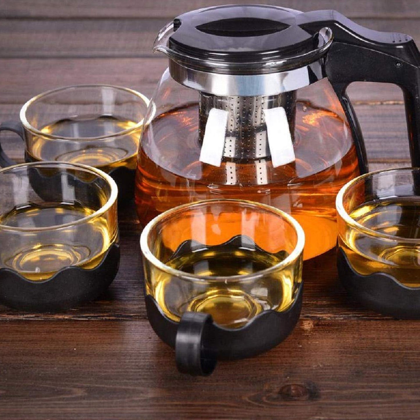 Flame Proof Glass Kettle & Cup Set With Strainer High Quality Kettle Set For Home & Café Use (4 Cup & 1 Kettle) (24 Pc MOQ)