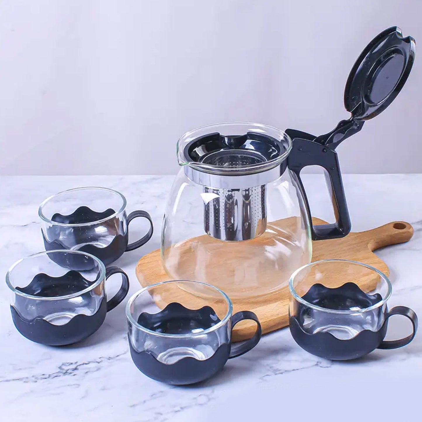 Flame Proof Glass Kettle & Cup Set With Strainer High Quality Kettle Set For Home & Café Use (4 Cup & 1 Kettle) (24 Pc MOQ)