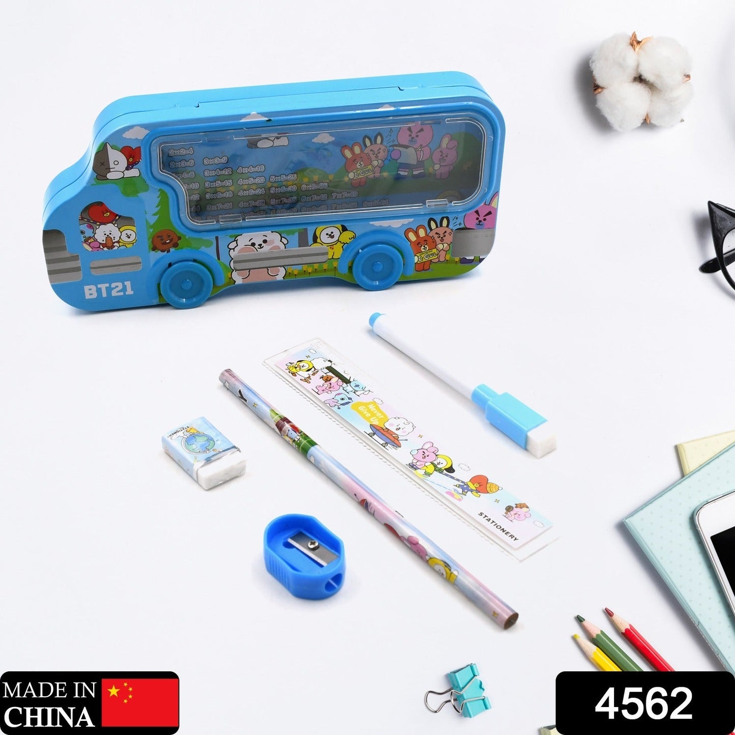 Bus Shape Compass Box for Boys, Kids School Accessories | Pencil Box with Wheels for Girls and Kids, String Operated Case Students School Supplies - Stationery Set Organizer Birthday Return Gift for Kids