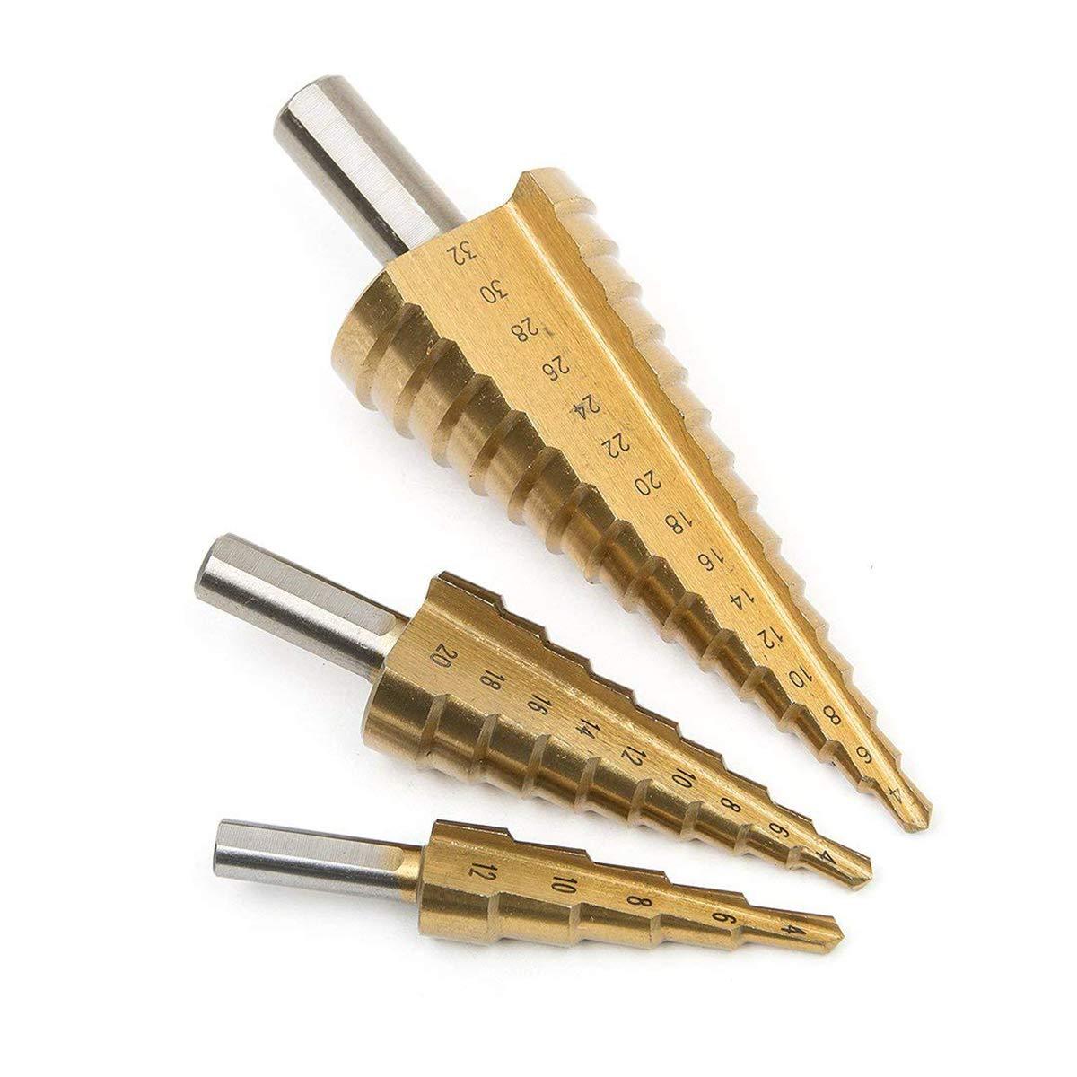 ' - 3X Large HSS Steel Step Cone Drill Titanium Bit Set Hole Cutter (4 - 32, 4 - 20, 4 - 12mm) - Jaatara' - 3X Large HSS Steel Step Cone Drill Titanium Bit Set Hole Cutter (4 - 32, 4 - 20, 4 - 12mm)JaataraJaataraJaatara
