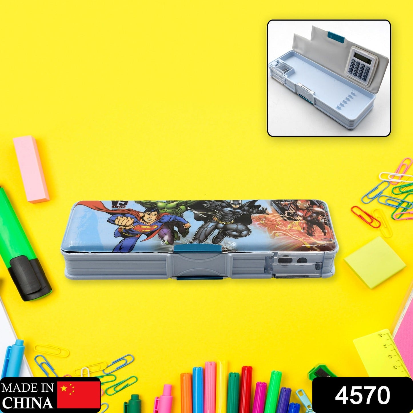 Double Sided Magnetic Geometry Box, Pencil Box with Calculator and Sharpener for Boys Art Plastic Pencil Box for Girls and Boys