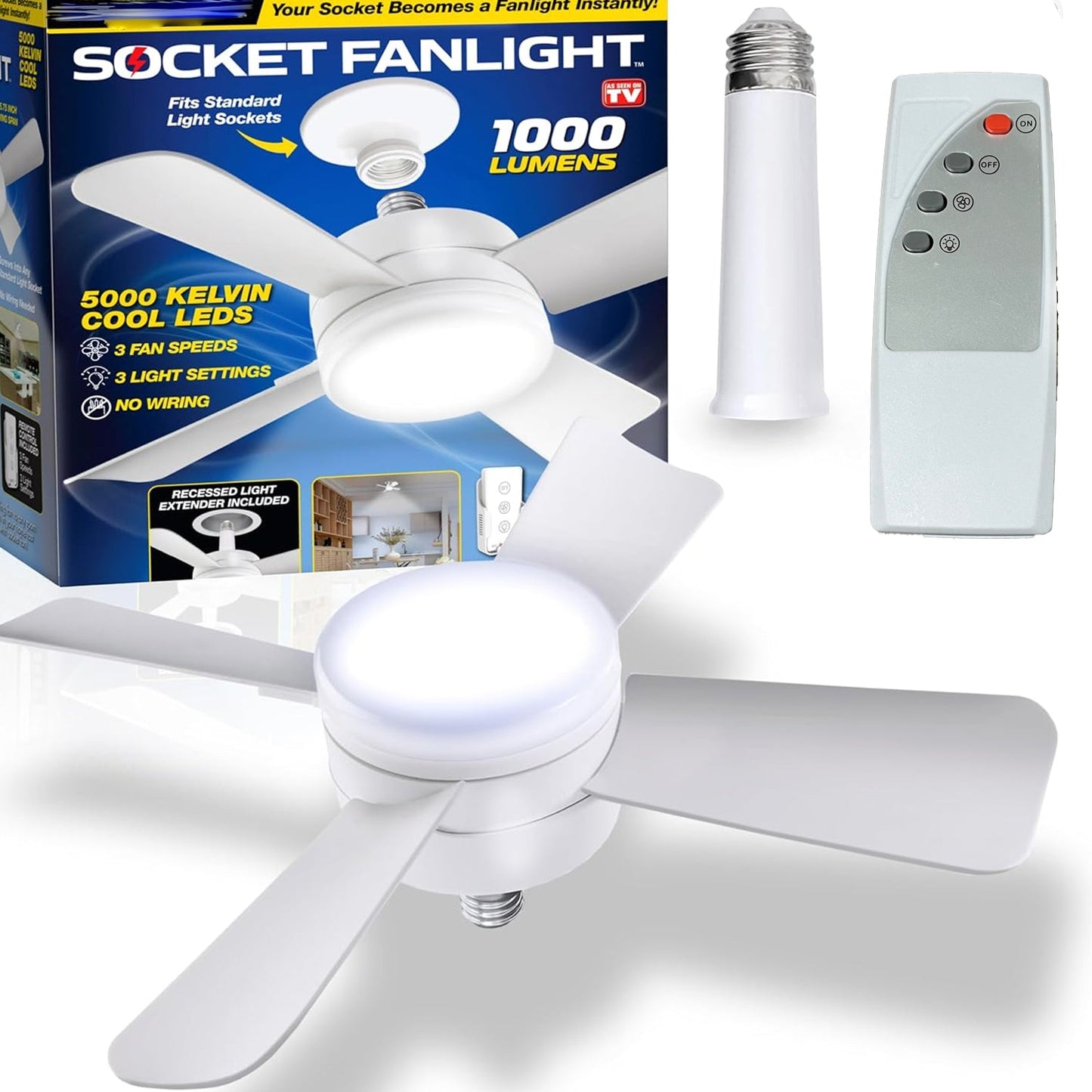 Socket Fan Light Original - Cool Light LED โ Ceiling Fans with Lights and Remote Control, Replacement for Lightbulb - Bedroom, Kitchen, Living Room,1000 Lumens / 5000 Kelvins Cool LEDs (Remote Battery Not Included)