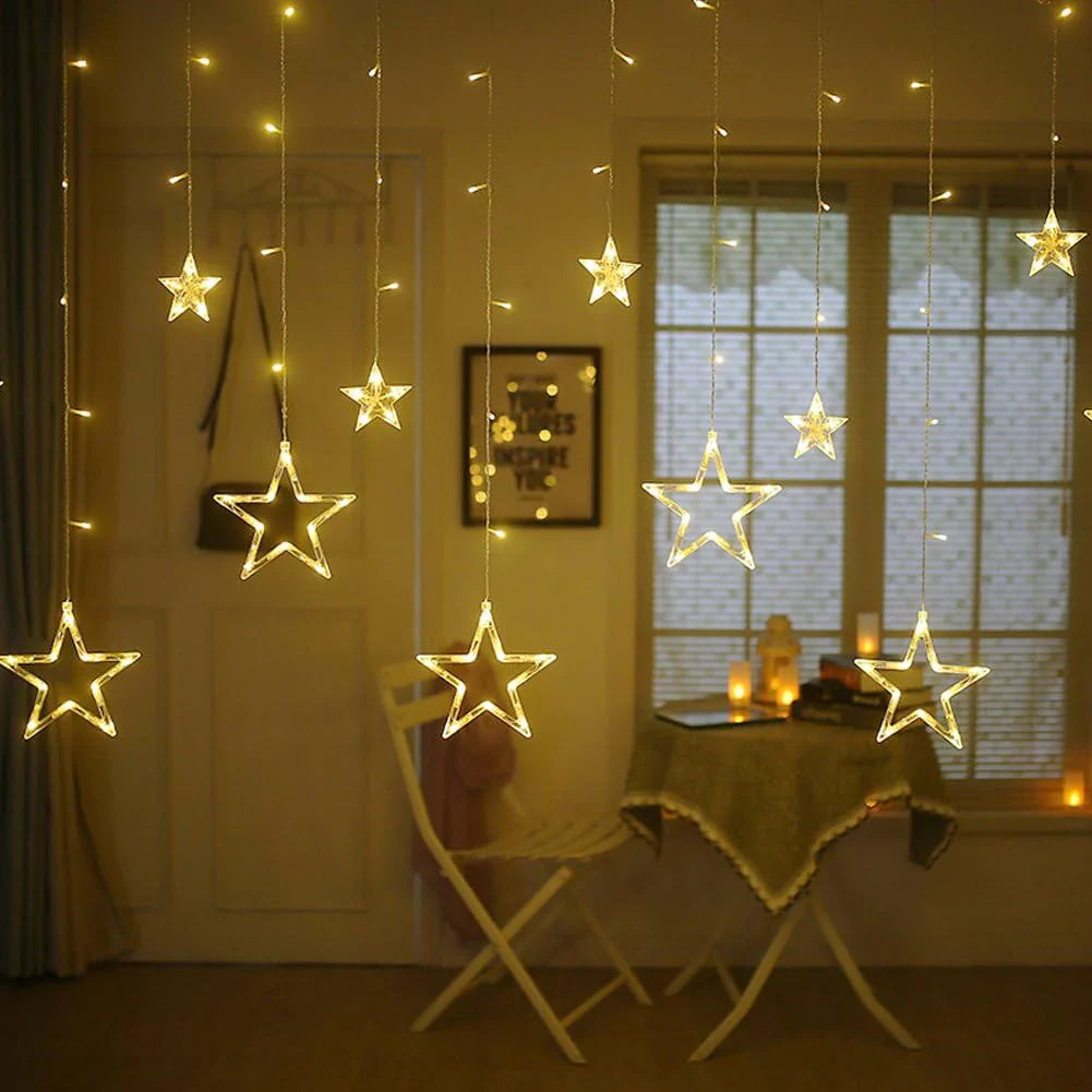 12 Stars LED Curtain String Lights with 8 Flashing Modes for Home Decoration, Diwali & Wedding LED Christmas Light Indoor and Outdoor Light ,Festival Decoration (Warm White)