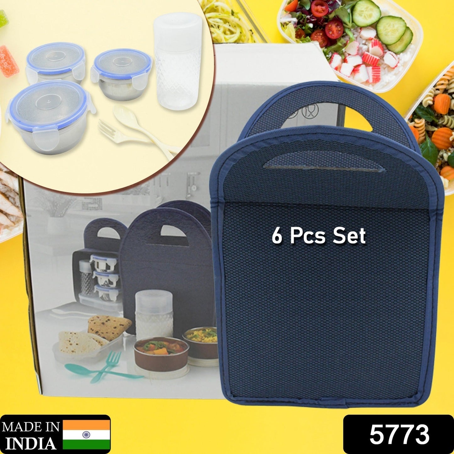 5773 6In1 Tiffin Box-Lunch Box | 3 Stainless Steel Containers | Plastic lid Box | Spoon & Fork /Plastic Bottle | Insulated Fabric Bag | Leak Proof | Microwave Safe for Office, College and School for Men, Women (6 pcs)