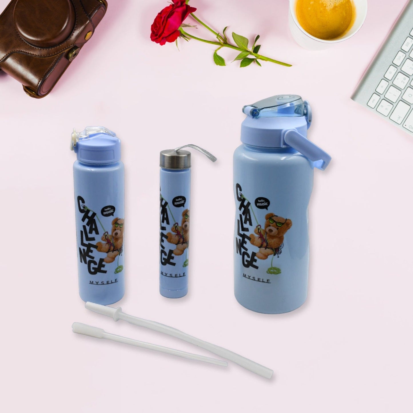 Plastic Water Bottle 3pc Set,3 Different Size Bottle High Quality Water Bottle Plastic Water Bottle BPA-Free & Leak-Proof! Cartoon Printed Design for Kids' School, For Fridge, Office, Sports, School, Gym, Yoga (3 Pc Set)