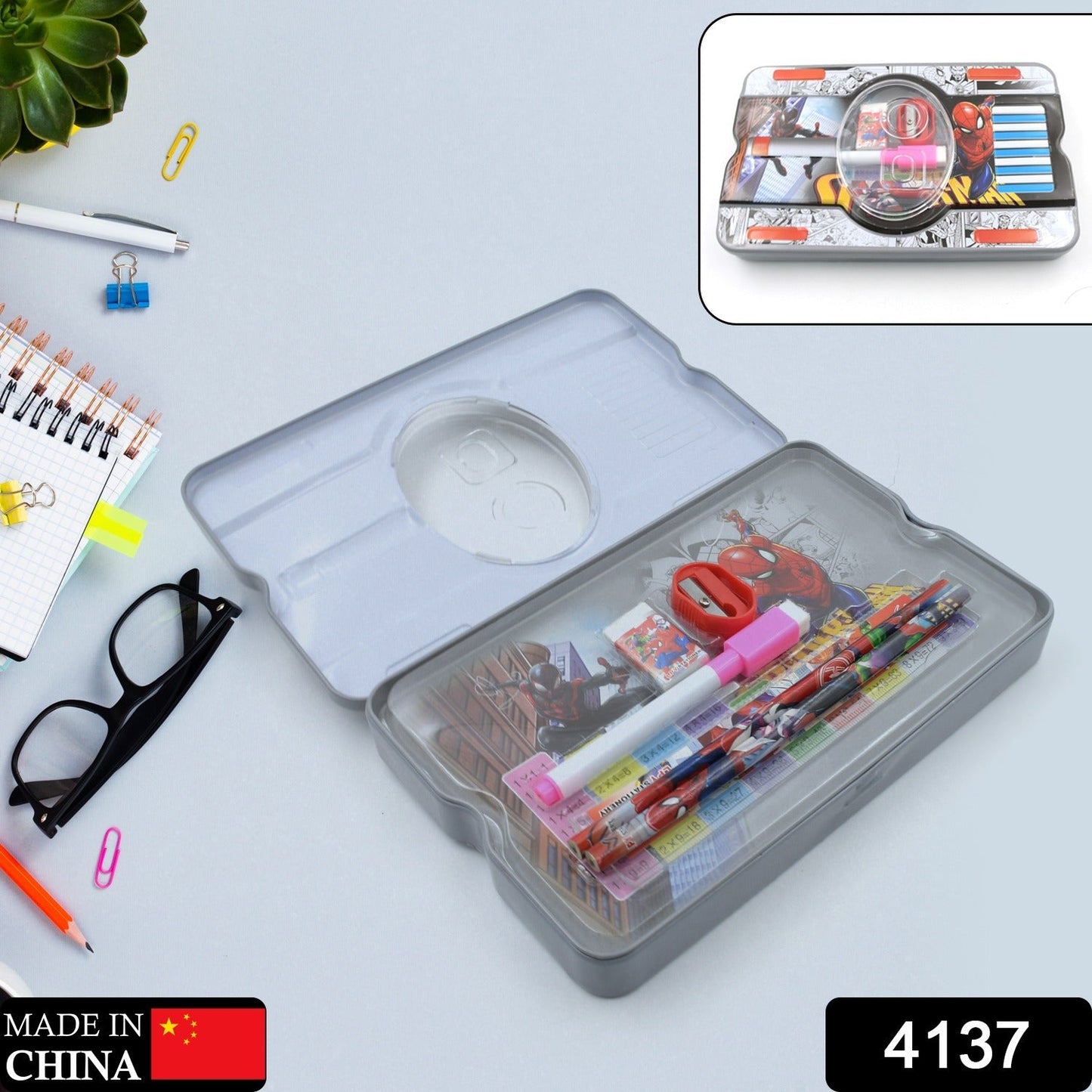 Big Cartoon Printed Metal Compass Box, Pencil Case With Sharpner, Eraser, Pencil, Marker & Scale for Kids Stationery Compass Box, Stationery Gift for School Kids Compass, Pencil Box, Birthday Return Gift for Kids (6 Pc Set)