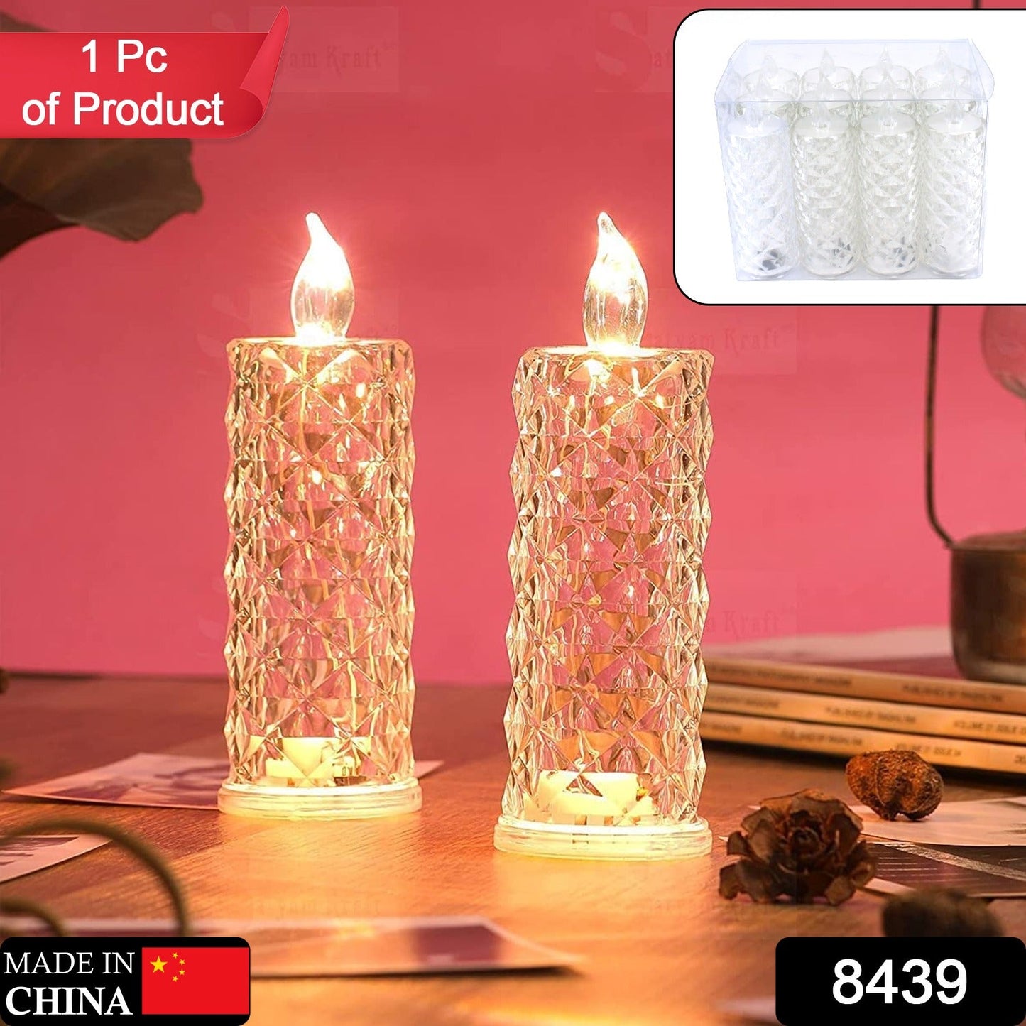 Rose Candles LED Flameless and Smokeless Decorative Acrylic Transparent Candles Led Tea Light Candle Perfect for Gifting, Home, Diwali, Christmas, Crystal Candle Lights (1 Pc) (MOQ :- 12 pc )