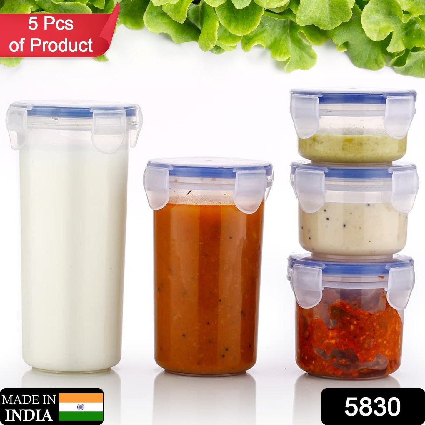 5830 Plastic Liquid Round Airtight Food Storage Container with Leak Proof Locking Lid BPA Free Container for Kitchen, 5 Pcs Set Transparent, ( Approx Capacity 110 ml,160 ml,210 ml,400 ml,500 ml)