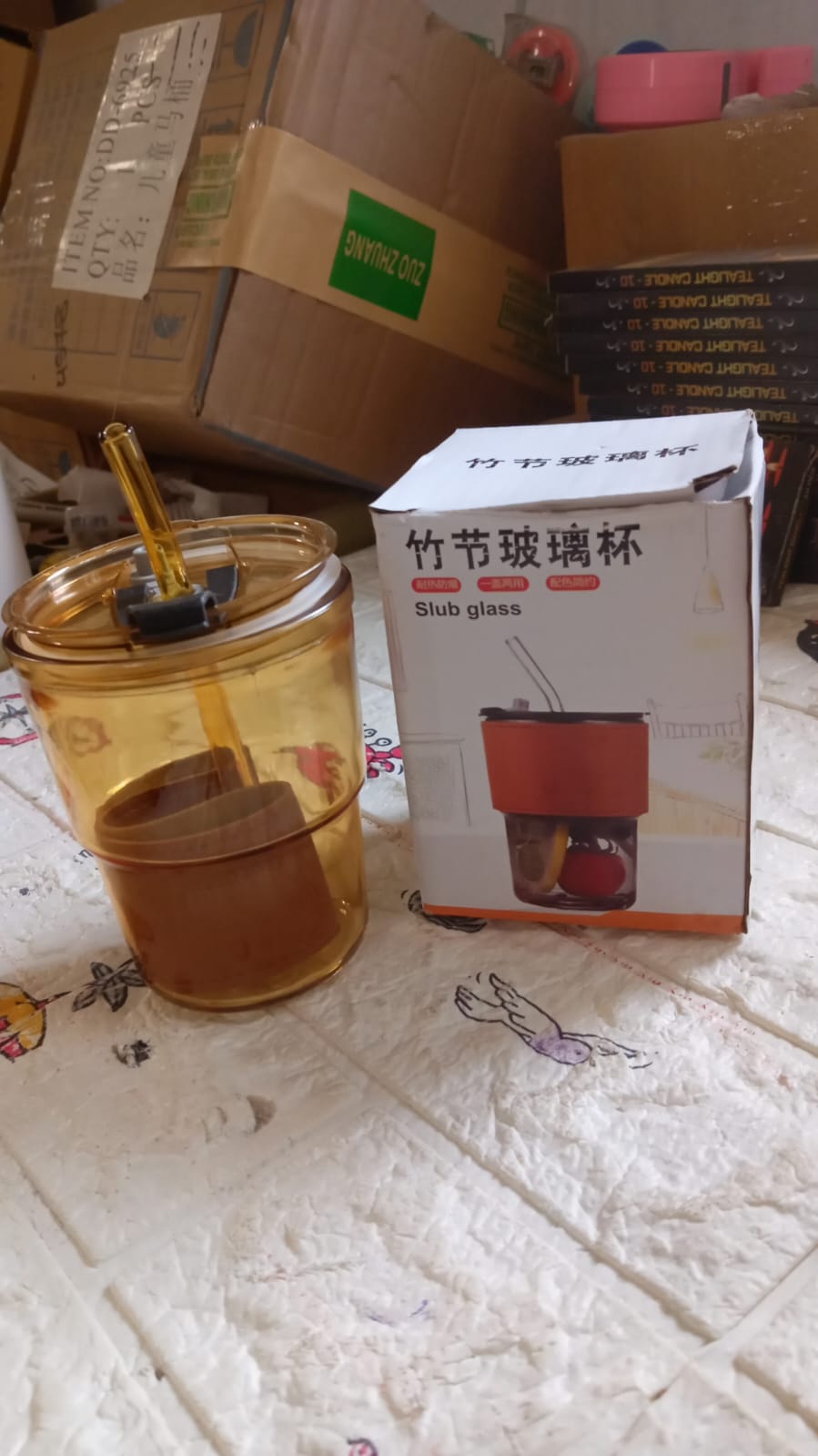 5887 Home Glass Coffee Mug/Tea Cup with Glass Straw and Leakproof Lid Travel Friendly Cups with Heatproof Sleeves