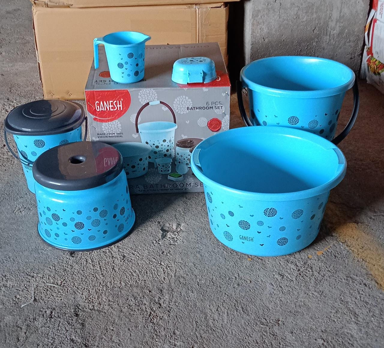 8711 PLASTIC BATHROOM ACCESSORIES SET 6 PCS BATH SET BATHROOM BUCKET WITH DUSTBIN MUG, STOOL, SOAP CASE,TUB