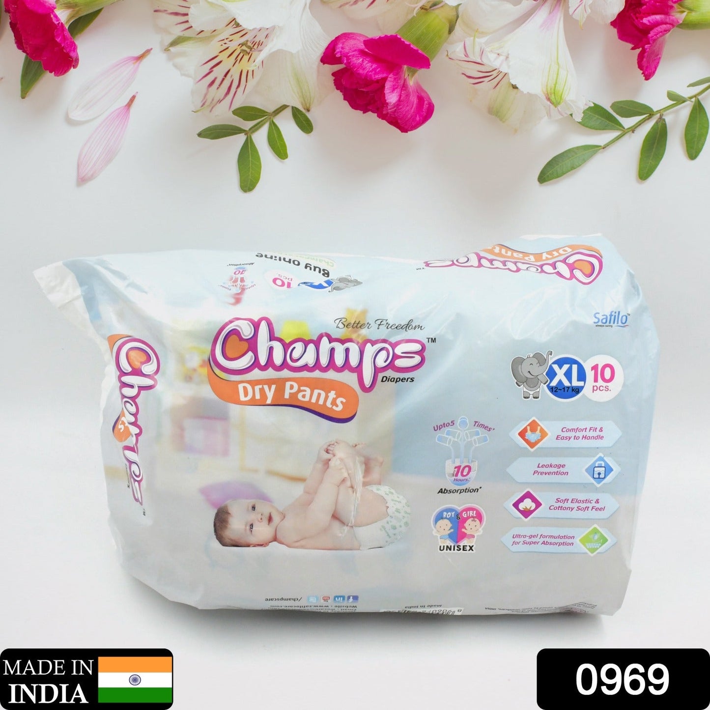 0969 Baby Diaper High Absorbent Pant Diapers, Champs Soft and Dry Baby Diaper Pants Xl 10 Pcs (Extra Large , XL10 Pieces)